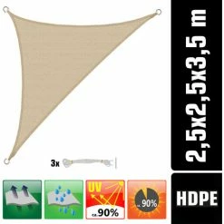 AMANKA UV Sonnensegel 2,5x2,5x3,5 HDPE Dreieck Rechtwinklig Sonnenschutz Garten Beige