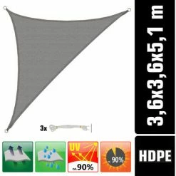 AMANKA UV Sonnensegel 3,6x3,6x5,1 HDPE Dreieck Rechtwinklig Sonnenschutz Garten Grau