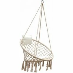AMANKA Hängesessel Mit Kissen Bis 120 Kg - 80 Cm Korbschaukel Rund Indoor Outdoor Beige